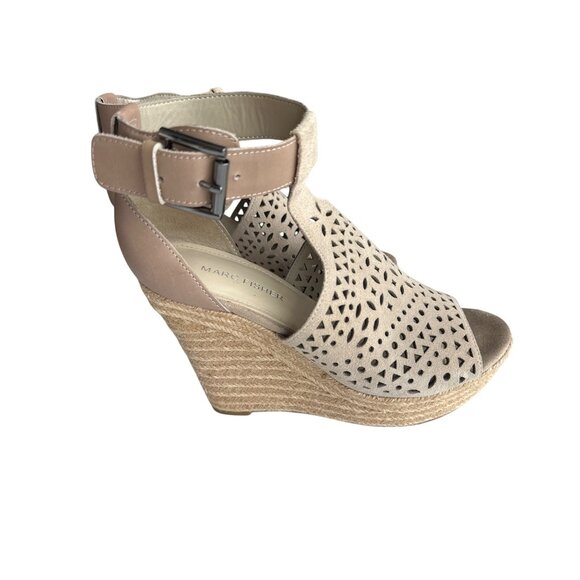 Marc Fisher Shoes - Marc Fisher Beige Espadrille Wedge Sandals With Ankle Strap & Perforated Design